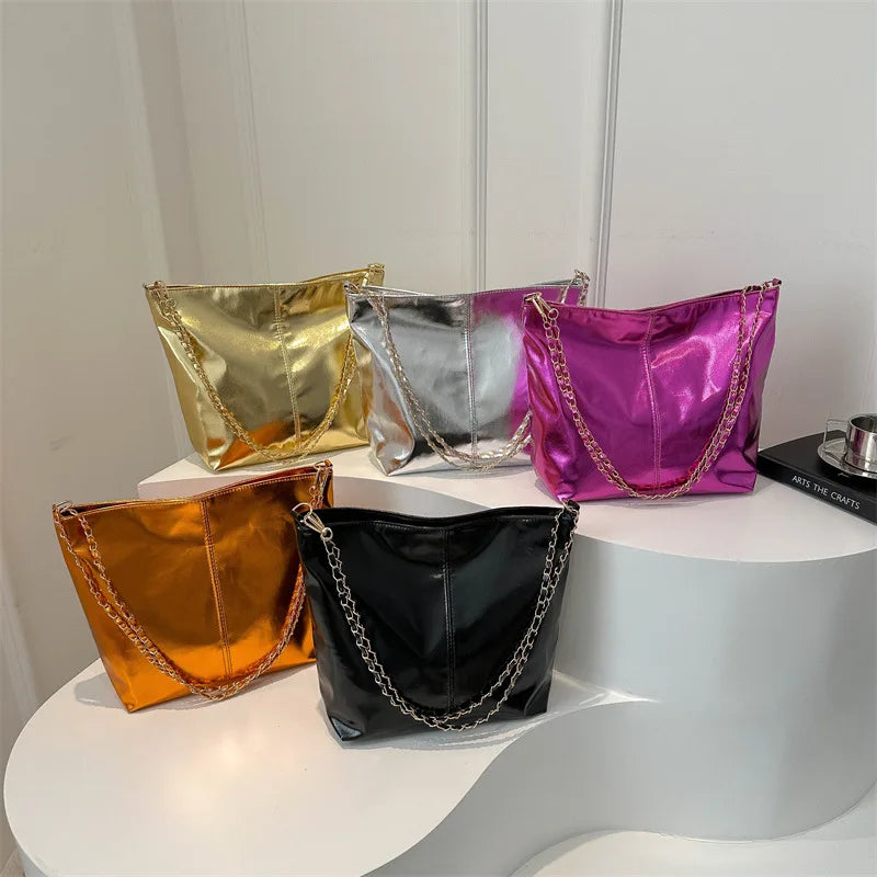 Glossy Tote Bags for Women Fashion High Capacity Shopping Pouch PU Leather Handags Shiny Casual Female Purse Girls Shoulder Bag