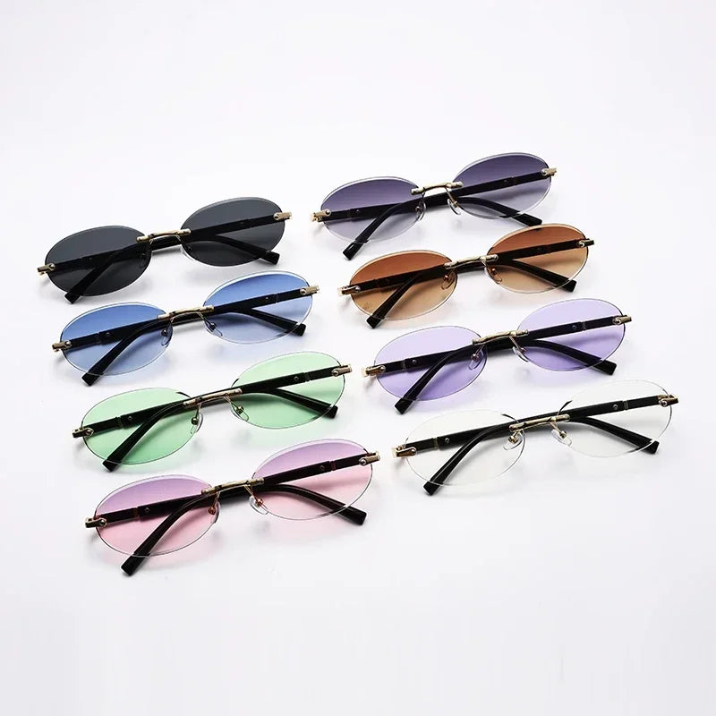 Popular Women Shades Oval Sun Glasses for Female Male Summer Glasses UV400 Rimless Sun Glasses Round Fashion Gafas De Sol Очки
