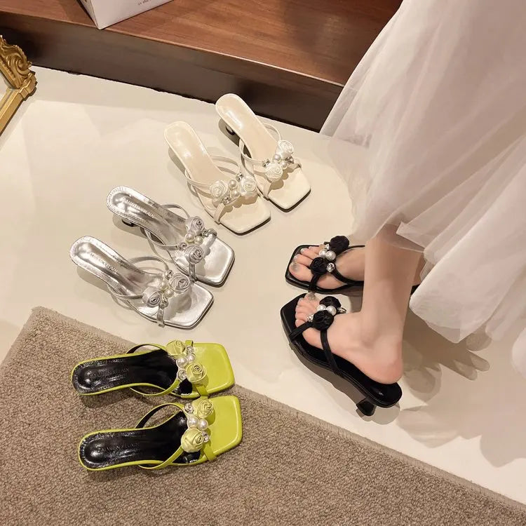 Fashionable Floral Pearl Summer Sandals Women's Trendy Slip-On Shoes Korean Style Elegant Mid Heel PU Leather Artificial Inte