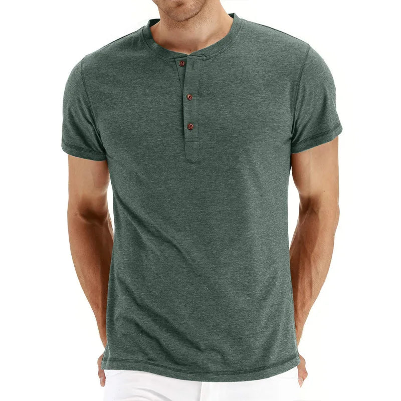 Summer Men T Shirt Short Sleeve Fashion Henley Collar Tshirt Solid Button Casual Men's Tshirts Cotton Tops Tees Mens Clothing