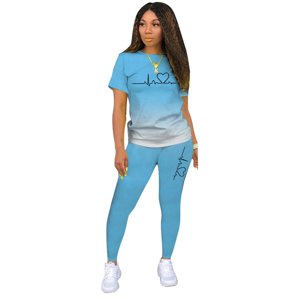 Summer Women Fashion Print Clothes T-shirt and Pants Suit Summer Sport Wear Casual Cotton Yoga Gym Lady Clothes Suit
