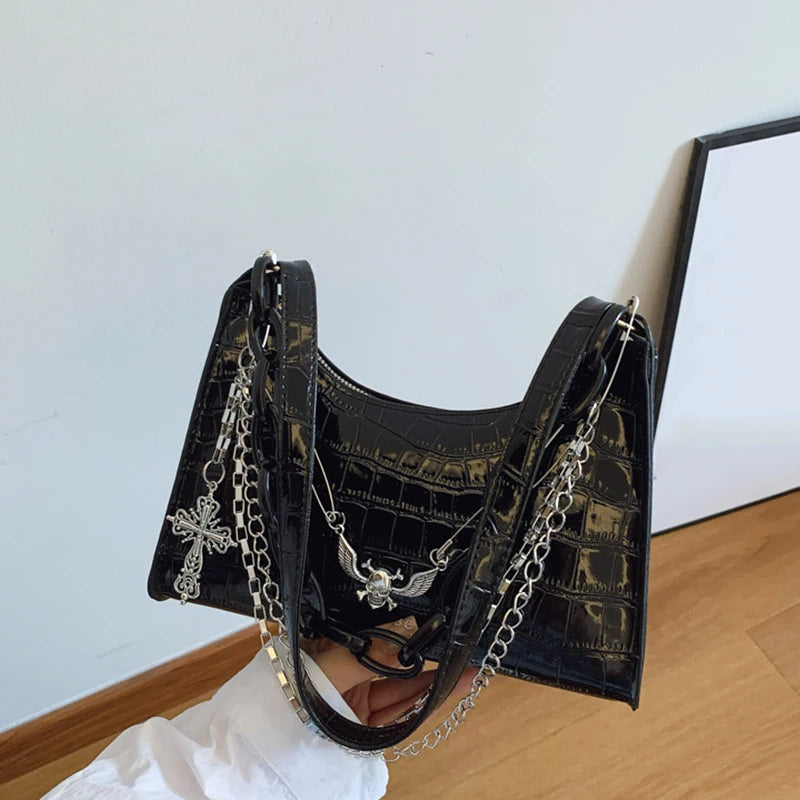 Cool Hot Girls Underarm Bags Purse Retro Punk Style Women Shoulder Handbags Chain Pu Leather Ladies Phone Crossbody Bag