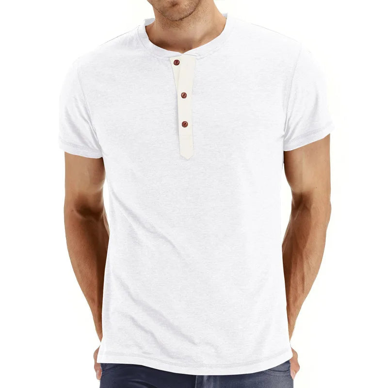 Summer Men T Shirt Short Sleeve Fashion Henley Collar Tshirt Solid Button Casual Men's Tshirts Cotton Tops Tees Mens Clothing