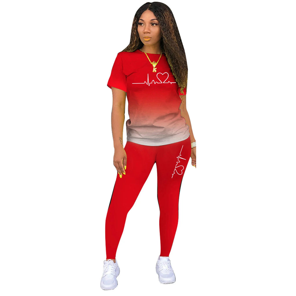 Summer Women Fashion Print Clothes T-shirt and Pants Suit Summer Sport Wear Casual Cotton Yoga Gym Lady Clothes Suit