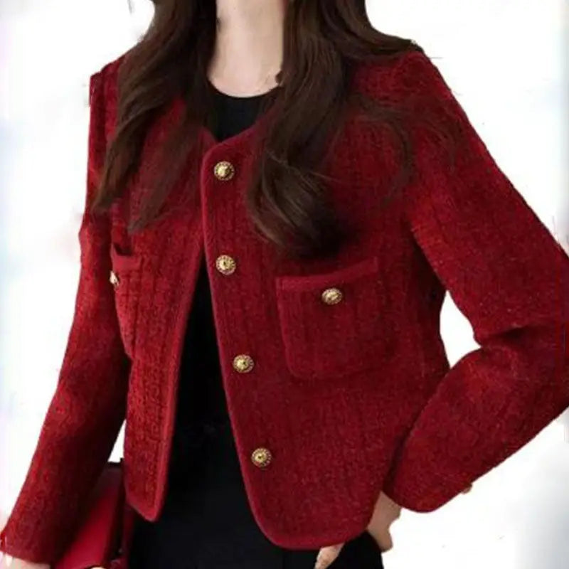 Women's Jacket 2024 Spring Autumn New Red Tweed Small Fragrance Coat Short Blazers Korean Fashion Elegant Female Tops Outerwear