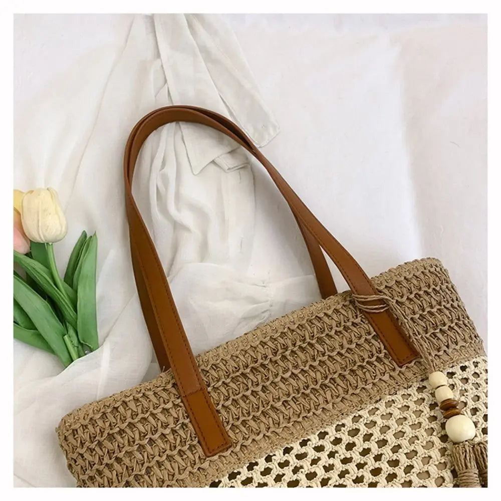 Girls Gift Hollow Out Straw Shoulder Bag Breathable Casual Summer Beach Bag Portable Bohemian Weave Tote Bag Outdoor