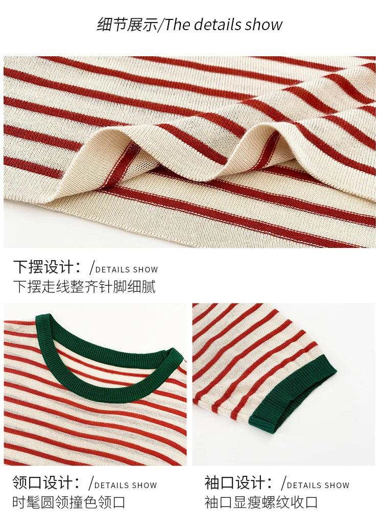2026 Stripe Tops Women Knitted Round Collar Summer Print Short Sleeve Casual Simple Wild T-Shirt