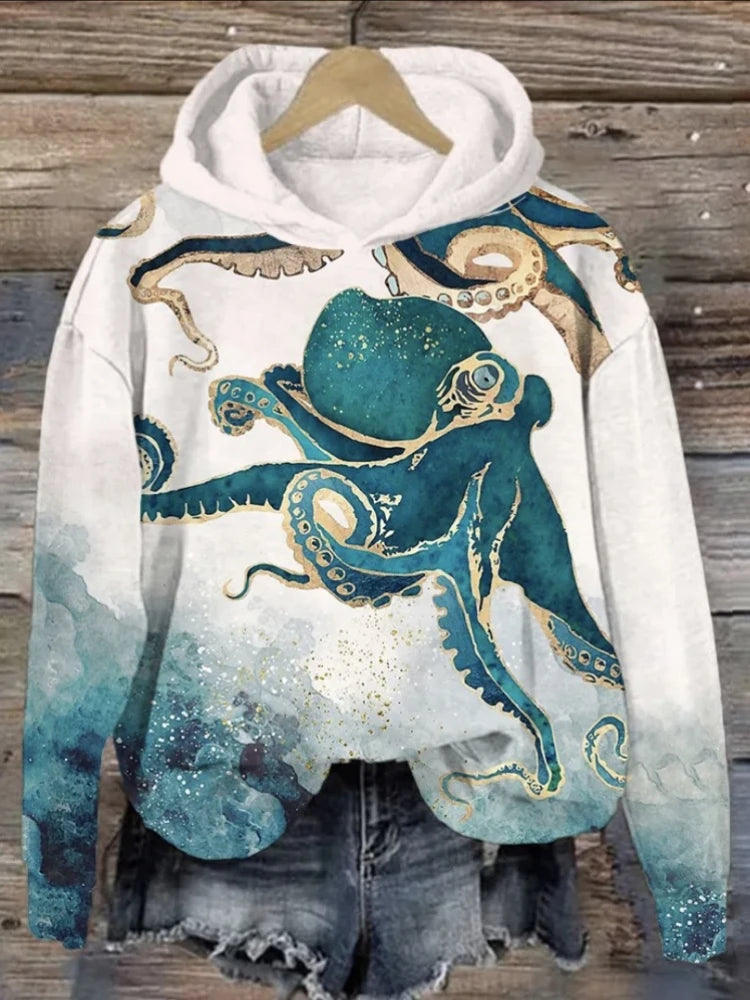 Hoodies Sweatshirts Printed Crewneck Blue Ocean Tentacles Casual Colors Outdoors Sports Harajuku Streetwear Women Men Clothing