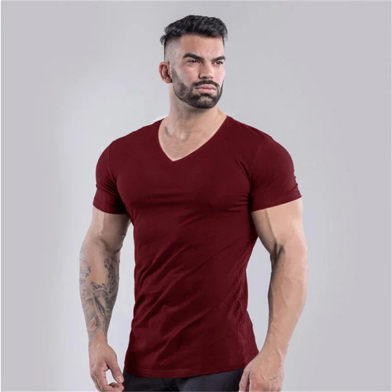 Mens Plain  Summer Cotton Breathable Short Sleeve Shirts Running V-neck T-shirt Gym Bodybuilding Fitness Workout Muscle Clothin