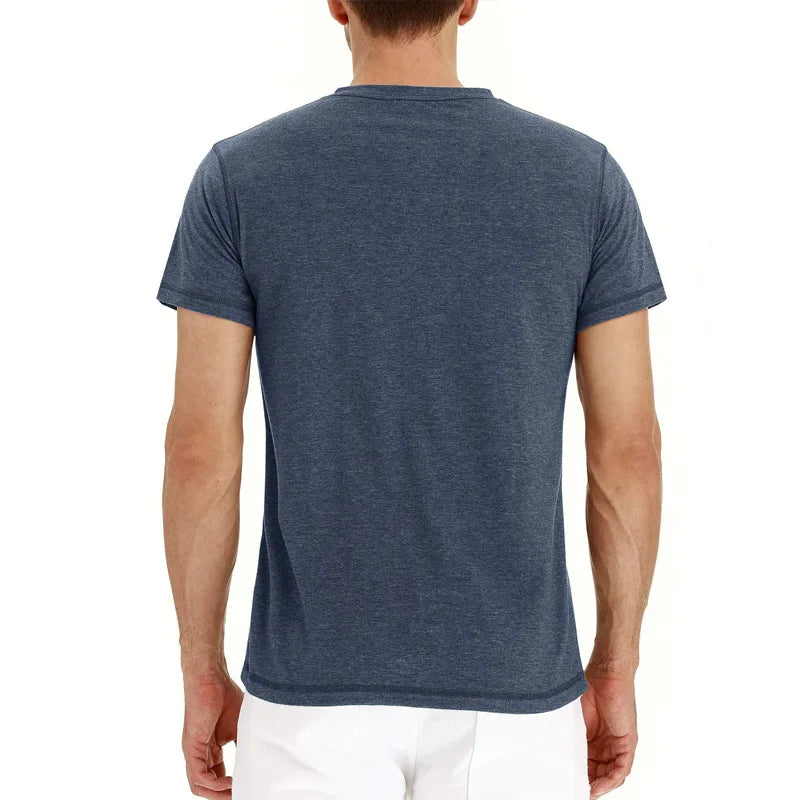 Summer Men T Shirt Short Sleeve Fashion Henley Collar Tshirt Solid Button Casual Men's Tshirts Cotton Tops Tees Mens Clothing