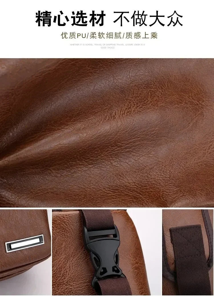 Men's Chest Bags Pack Business Messenger USB Charging Fashion PU Leather Waist Outdoor Casual Sports Brand Single Shoulder Bag