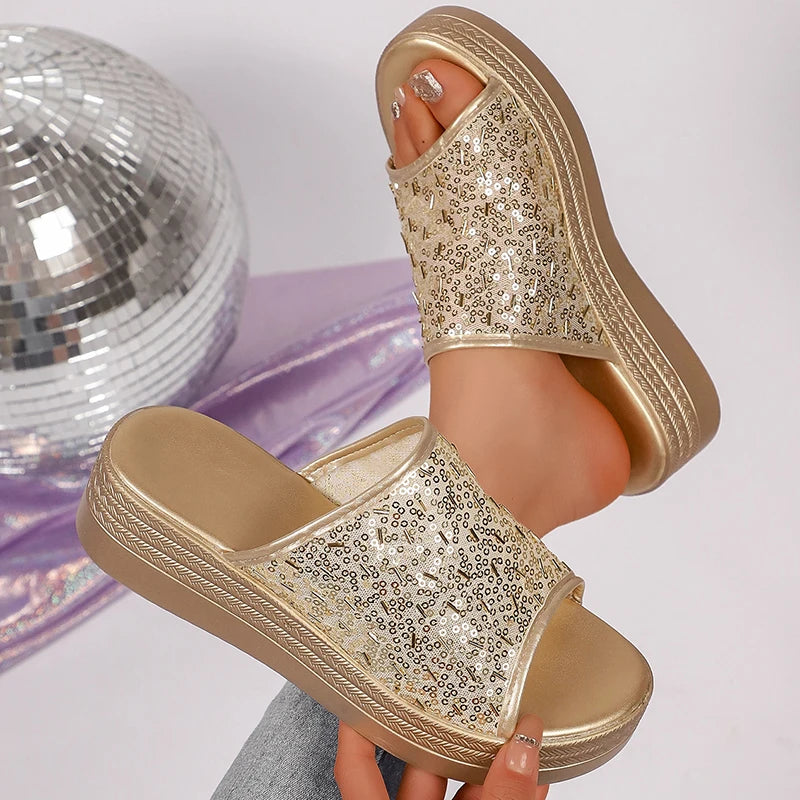 Women's Luxury Sequins Decor Gold Sandals 2026 Summer Thick Sole Platform Wedge Sandals Woman Plus Size 43 Designer Sandalias