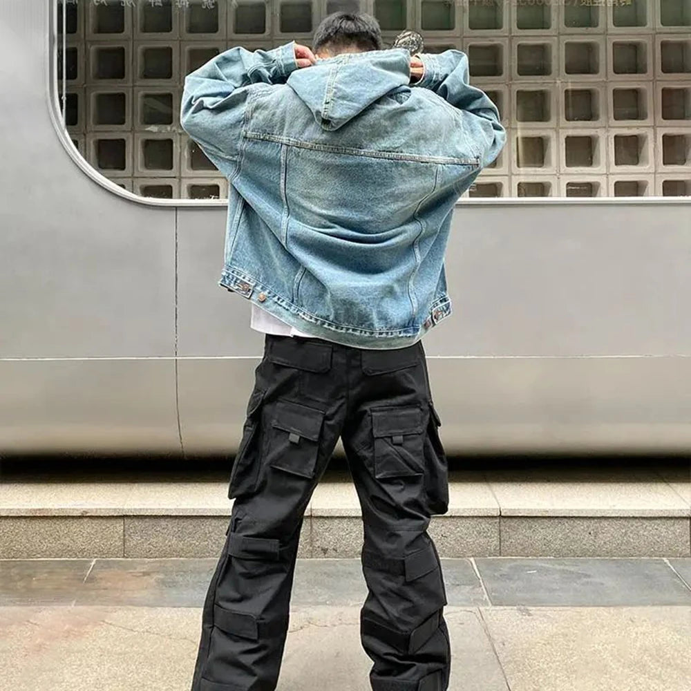 Mens Autumn Fashion Denim Washed Distressed Retro Hoodie Genderless Street Fashion Casual Loose Denim Sweatshirt Unisex