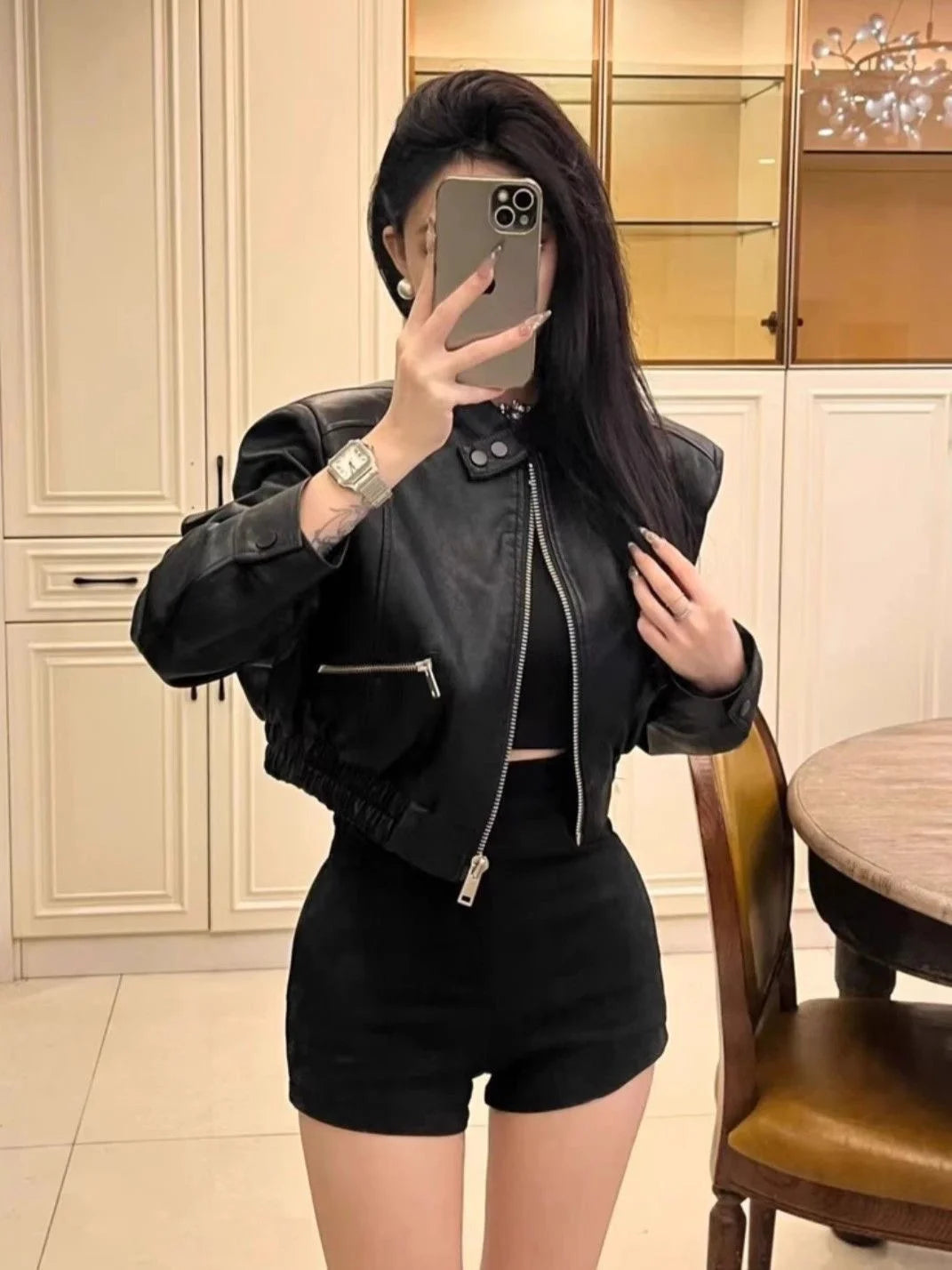 Biker Jackets Womens Jacket For Woman Autumn Armygreen Cargo Style Multi-Pockets Drawstring Camping Utility Hiking Trekking Sexy
