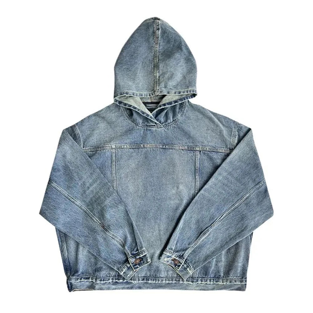 Mens Autumn Fashion Denim Washed Distressed Retro Hoodie Genderless Street Fashion Casual Loose Denim Sweatshirt Unisex