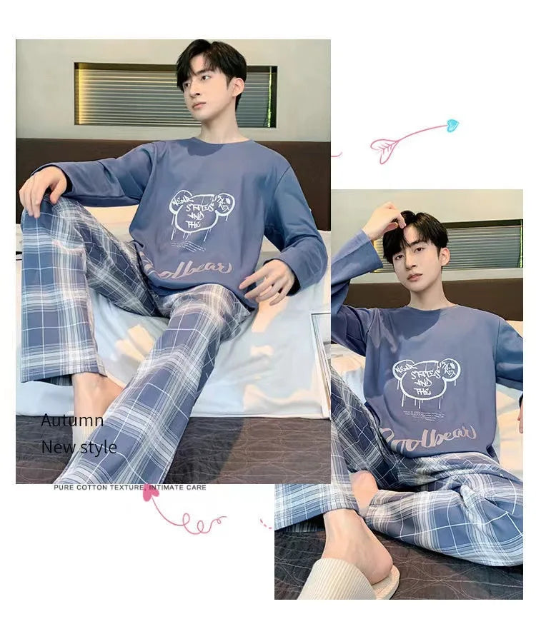 Plus Size Men Pajama Set Long Sleeve Long Pants Student Loose Casual Sleepwear Loungewear Two Piece Set Cartoon Nightwear
