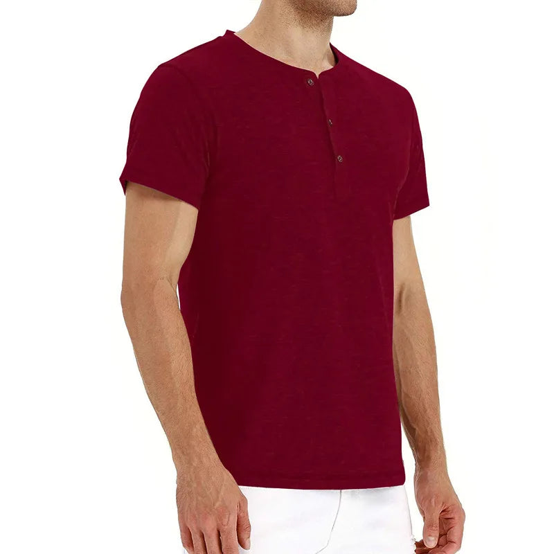 Summer Men T Shirt Short Sleeve Fashion Henley Collar Tshirt Solid Button Casual Men's Tshirts Cotton Tops Tees Mens Clothing