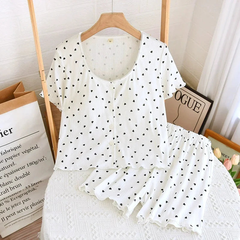 Summer Sleepwear Clothes for Ladies Knitted Printed Cardigan Short Sleeved Shorts 2 Pcs Women's Loose Home Clothes
