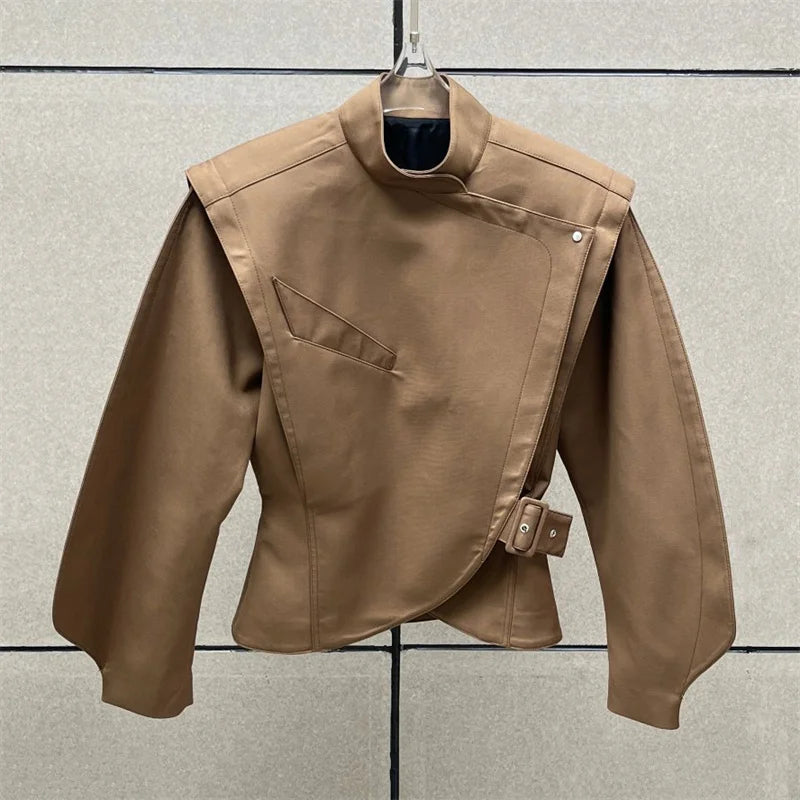 Women's jacket New asymmetrical stand up collar long sleeved top for winter 2025 waist cinching slim fit women's coat outerwears