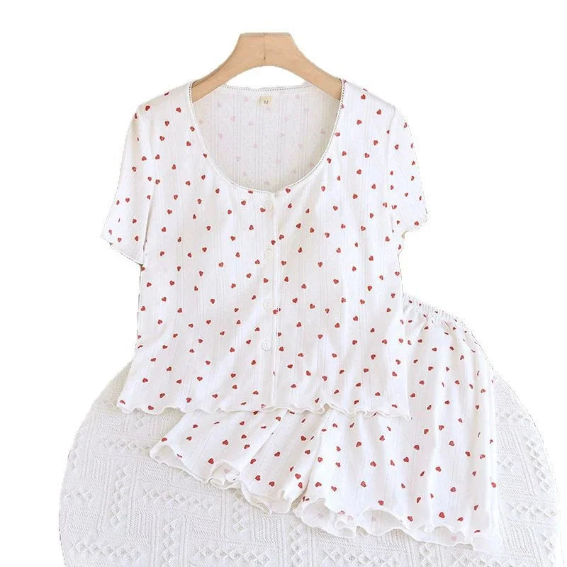 Summer Sleepwear Clothes for Ladies Knitted Printed Cardigan Short Sleeved Shorts 2 Pcs Women's Loose Home Clothes