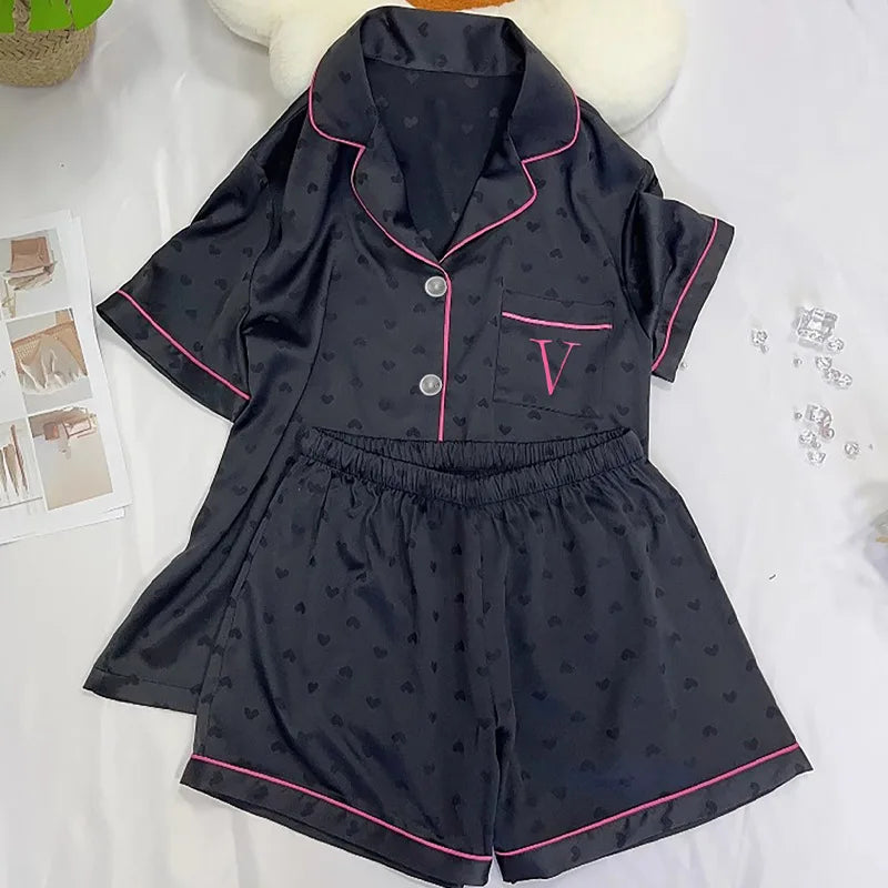 Summer Nightwear for Women: Ice-Silk Cool-Touch Short-Sleeved Premium Black Heart-Print Outerwear-Style Loungewear Fashion Set