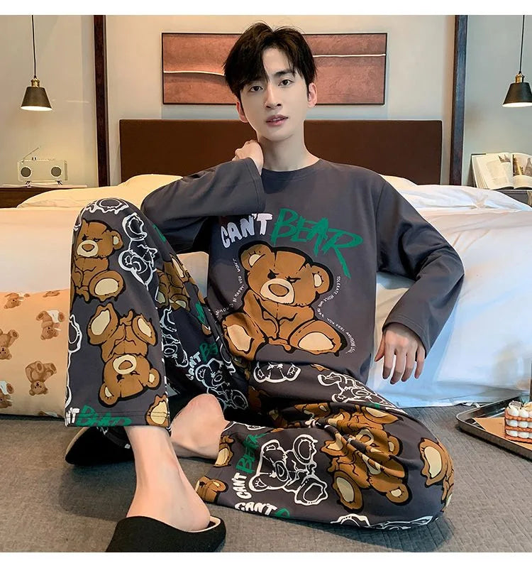 Plus Size Men Pajama Set Long Sleeve Long Pants Student Loose Casual Sleepwear Loungewear Two Piece Set Cartoon Nightwear