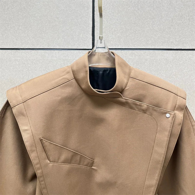 Women's jacket New asymmetrical stand up collar long sleeved top for winter 2025 waist cinching slim fit women's coat outerwears