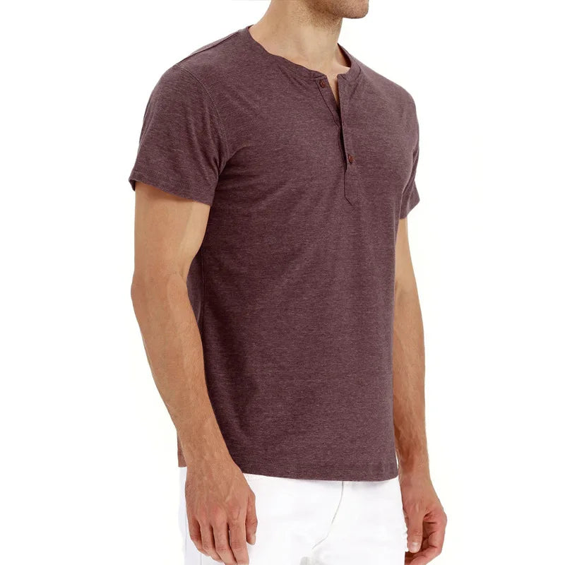 Summer Men T Shirt Short Sleeve Fashion Henley Collar Tshirt Solid Button Casual Men's Tshirts Cotton Tops Tees Mens Clothing