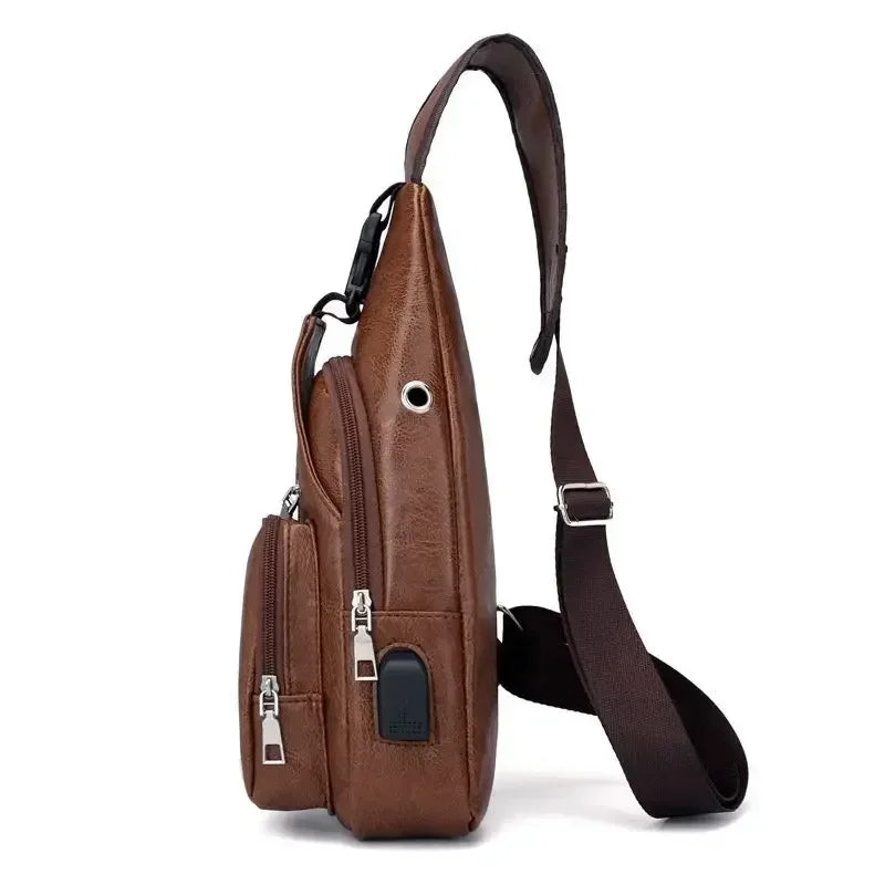 Men's Chest Bags Pack Business Messenger USB Charging Fashion PU Leather Waist Outdoor Casual Sports Brand Single Shoulder Bag