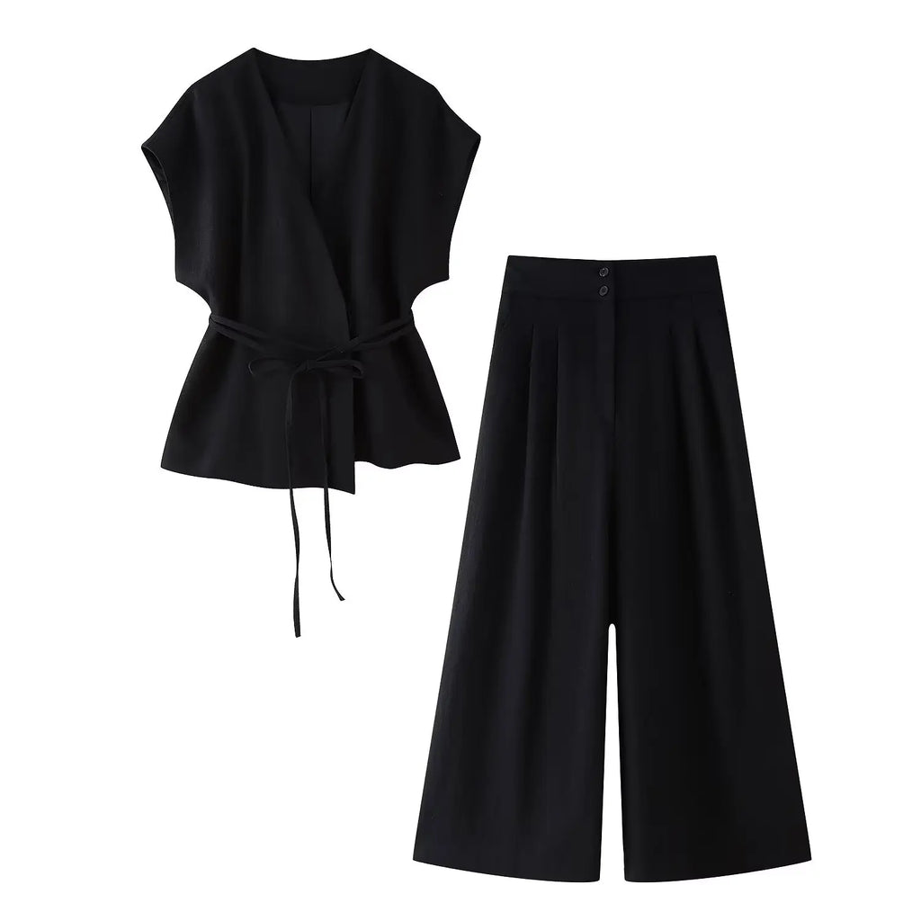 HH Women Summer Elegant Suits Flax Blended Double-lapel Lace-up Vest Tops Raglan Sleeve Button Decoration Streetwear Vest