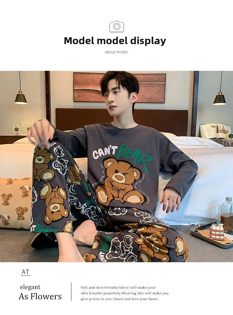Plus Size Men Pajama Set Long Sleeve Long Pants Student Loose Casual Sleepwear Loungewear Two Piece Set Cartoon Nightwear