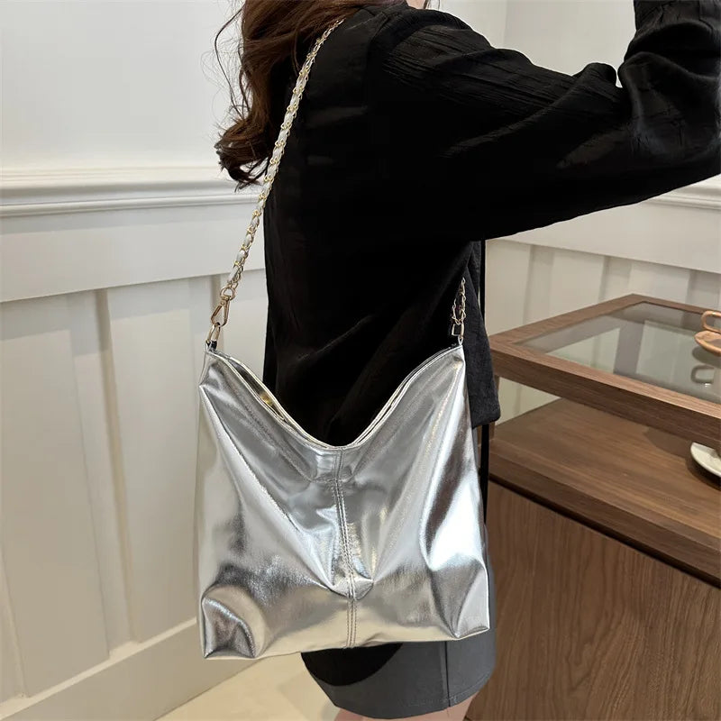 Glossy Tote Bags for Women Fashion High Capacity Shopping Pouch PU Leather Handags Shiny Casual Female Purse Girls Shoulder Bag