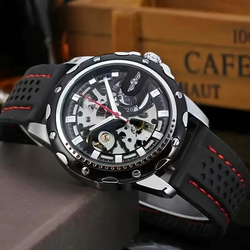 [1 Mechanical Watch for Men] Men's Fashion Mechanical Watch - Casual Style Hollow Design, 30m Waterproof, Round Alloy Case, Silicone Strap, Automatic Winding Movement - Elegant High-End Casual Business Watch, No Battery