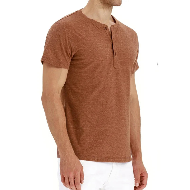 Summer Men T Shirt Short Sleeve Fashion Henley Collar Tshirt Solid Button Casual Men's Tshirts Cotton Tops Tees Mens Clothing