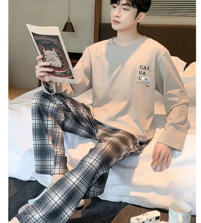 Plus Size Men Pajama Set Long Sleeve Long Pants Student Loose Casual Sleepwear Loungewear Two Piece Set Cartoon Nightwear