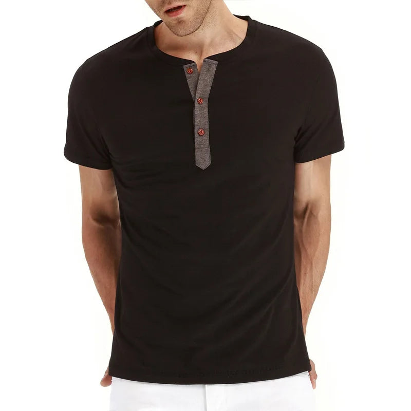 Summer Men T Shirt Short Sleeve Fashion Henley Collar Tshirt Solid Button Casual Men's Tshirts Cotton Tops Tees Mens Clothing