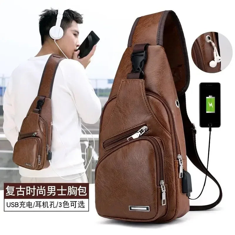 Men's Chest Bags Pack Business Messenger USB Charging Fashion PU Leather Waist Outdoor Casual Sports Brand Single Shoulder Bag