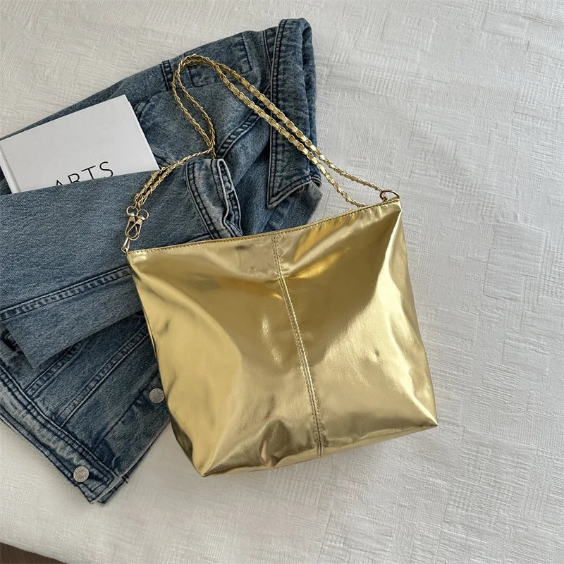 Glossy Tote Bags for Women Fashion High Capacity Shopping Pouch PU Leather Handags Shiny Casual Female Purse Girls Shoulder Bag