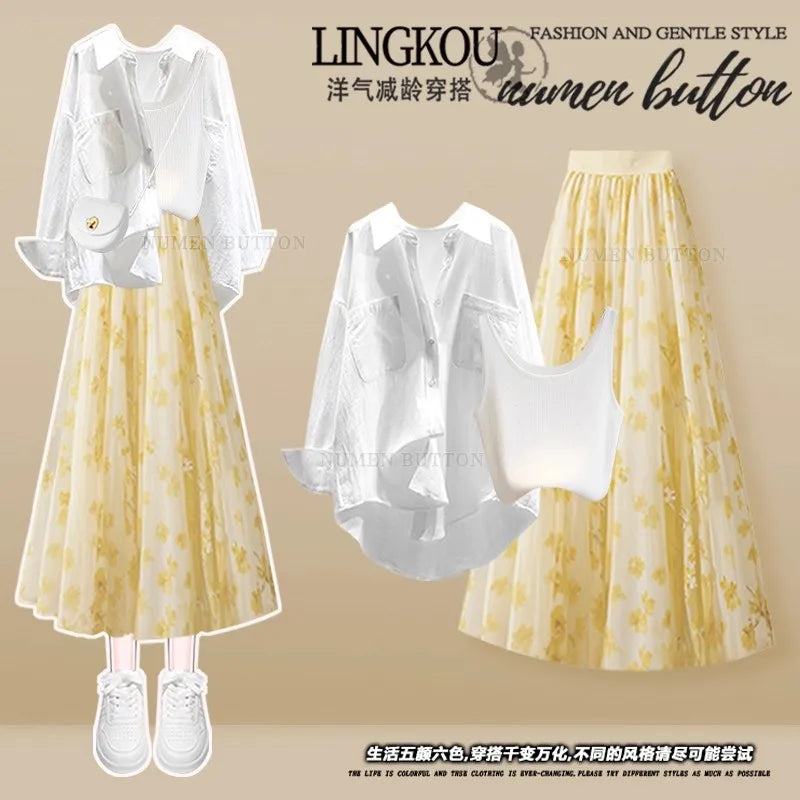 Summer Ele Yellow irt Inner Wear Vest High Waist Slim Floral f-length Skirt Tee-piece Set Women's Faion Ensemble