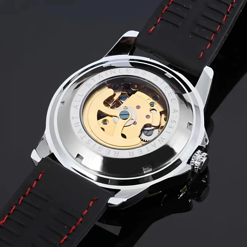 [1 Mechanical Watch for Men] Men's Fashion Mechanical Watch - Casual Style Hollow Design, 30m Waterproof, Round Alloy Case, Silicone Strap, Automatic Winding Movement - Elegant High-End Casual Business Watch, No Battery