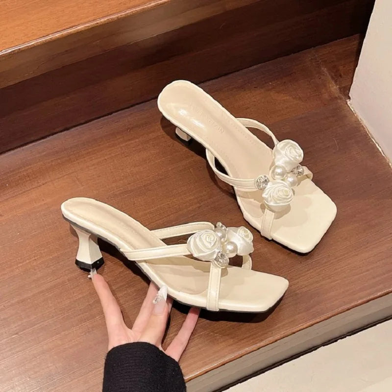 Fashionable Floral Pearl Summer Sandals Women's Trendy Slip-On Shoes Korean Style Elegant Mid Heel PU Leather Artificial Inte