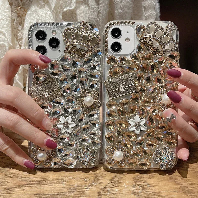 Luxury Bling Flower Diamond Bag Crown Rhinestone Case For iphone 15Pro 14Plus 13 Mini 12 11Pro 17 Air 16 PLUS Cover