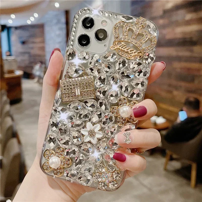 Luxury Bling Flower Diamond Bag Crown Rhinestone Case For iphone 15Pro 14Plus 13 Mini 12 11Pro 17 Air 16 PLUS Cover
