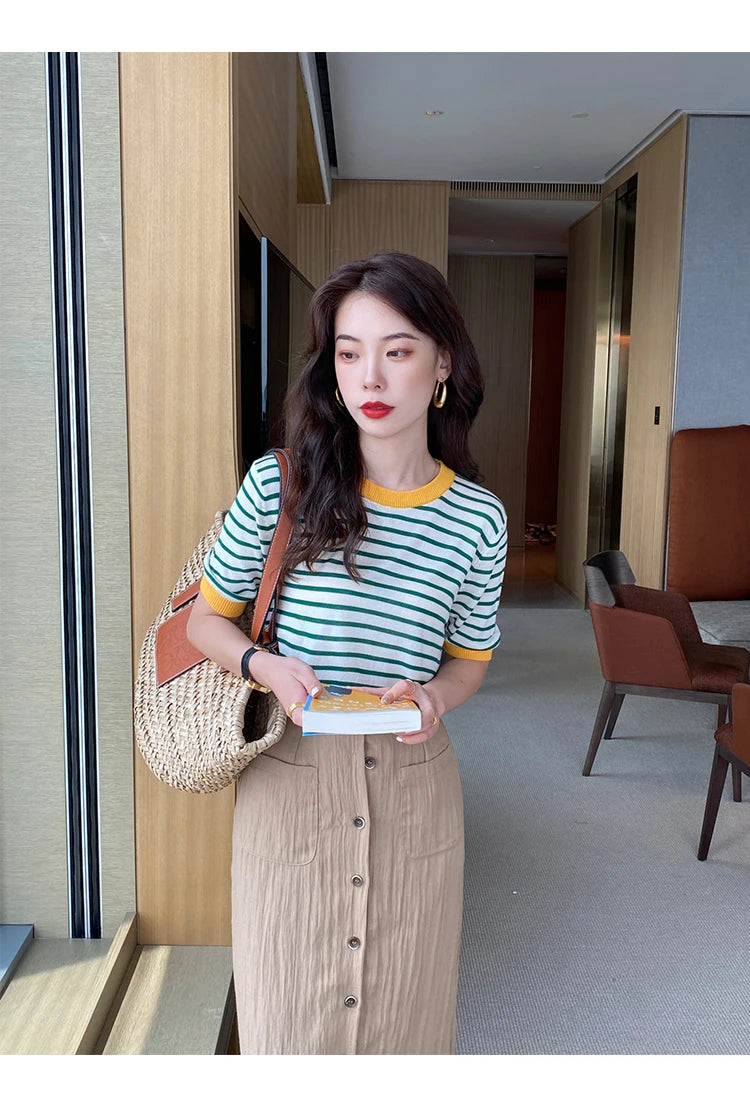 2026 Stripe Tops Women Knitted Round Collar Summer Print Short Sleeve Casual Simple Wild T-Shirt