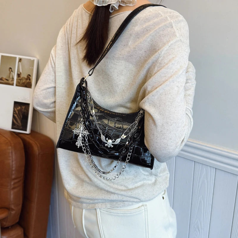 Cool Hot Girls Underarm Bags Purse Retro Punk Style Women Shoulder Handbags Chain Pu Leather Ladies Phone Crossbody Bag