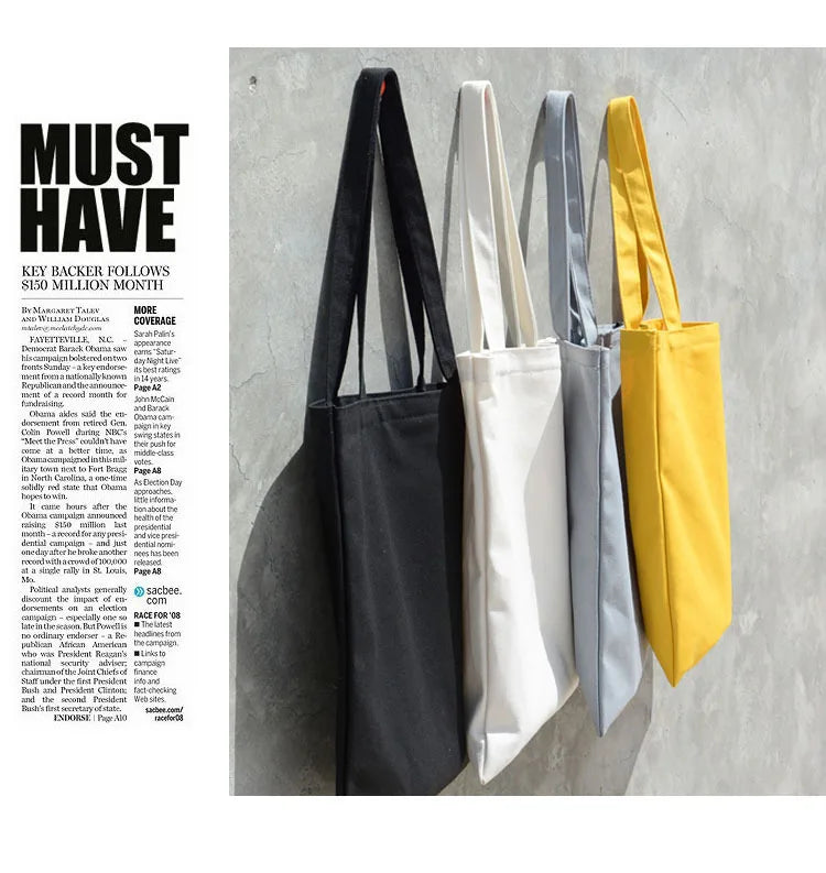 women Solid Canvas Casual Tote shoulder bags for girls female DIY handbags eco friendly shopping bag