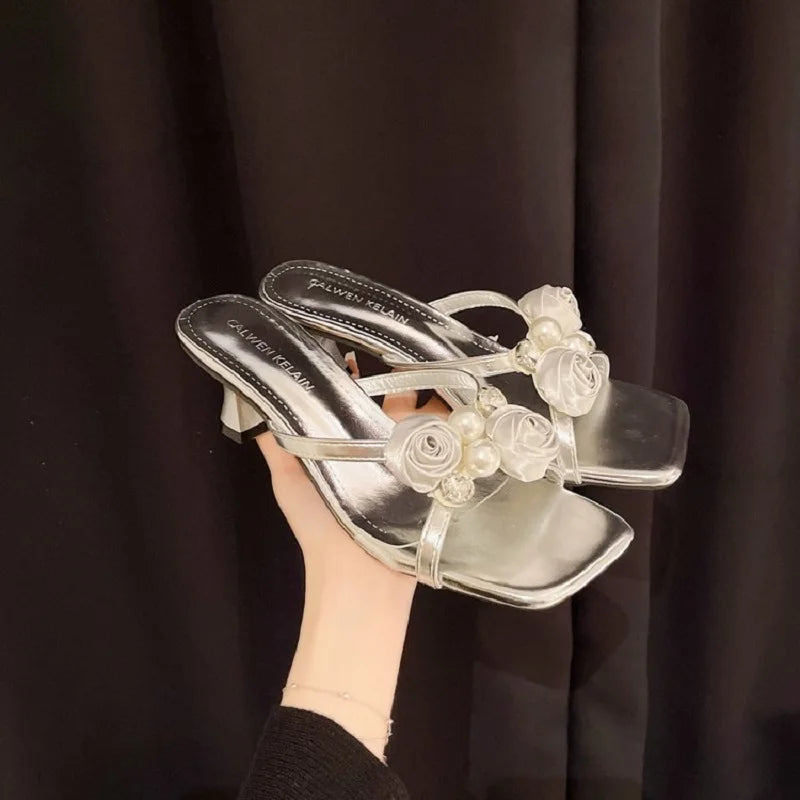 Fashionable Floral Pearl Summer Sandals Women's Trendy Slip-On Shoes Korean Style Elegant Mid Heel PU Leather Artificial Inte