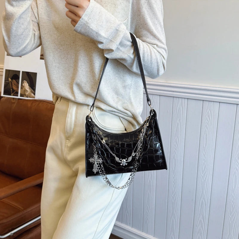 Cool Hot Girls Underarm Bags Purse Retro Punk Style Women Shoulder Handbags Chain Pu Leather Ladies Phone Crossbody Bag