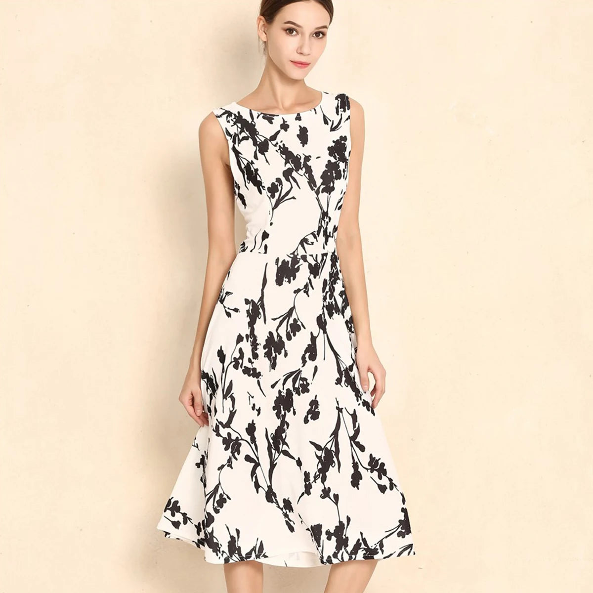 Summer Women Dress Clothing Floral Print Robe Retro Swing Casual Vintage Rockabilly