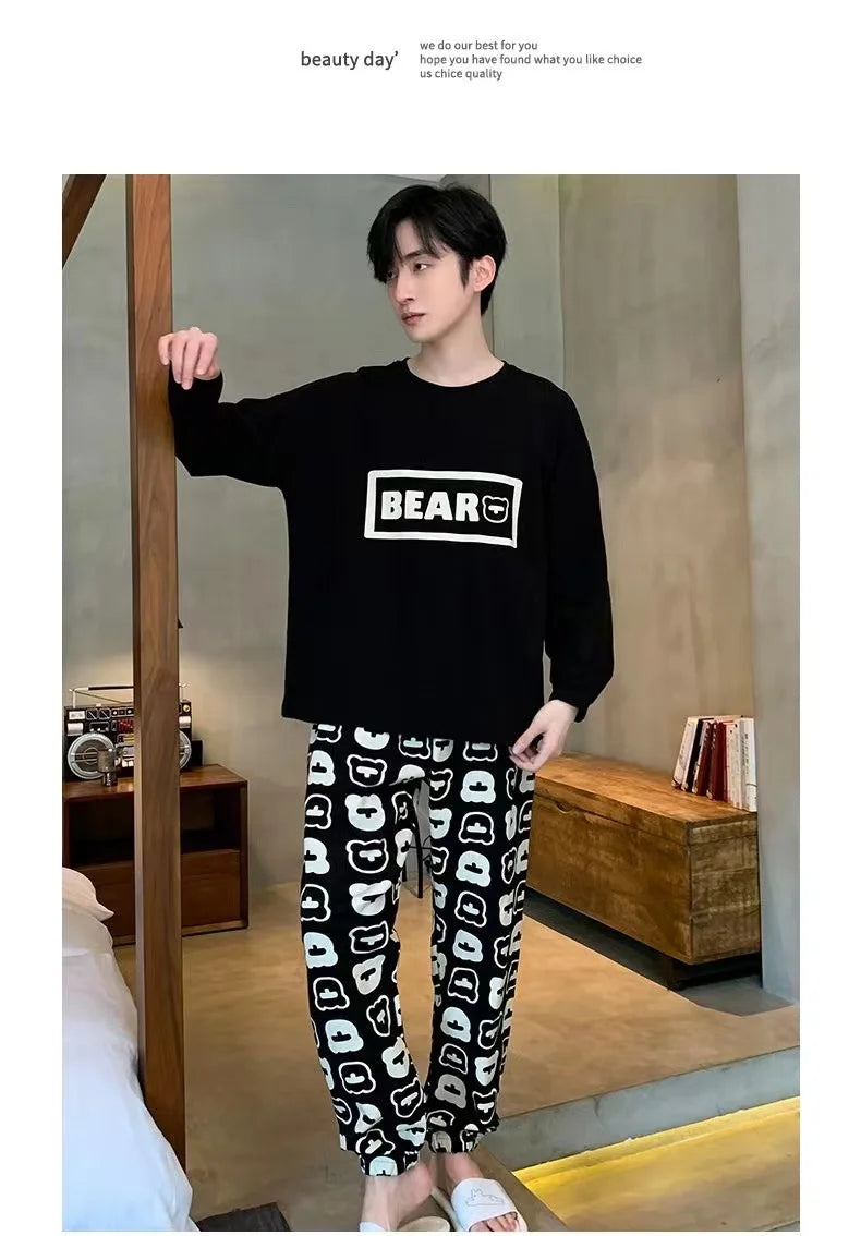 Plus Size Men Pajama Set Long Sleeve Long Pants Student Loose Casual Sleepwear Loungewear Two Piece Set Cartoon Nightwear